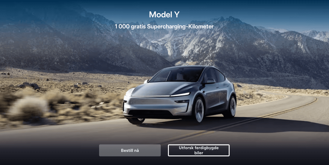 Teslas norske henvisningsside viser 1 000 gratis Supercharging-kilometer for Model Y